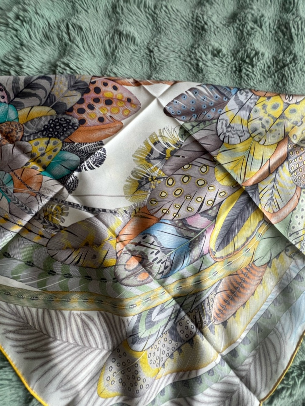 Hermes Plumes en Fete 90cm Silk Feather Print Scarf in Pastel Yellow, Blue, Pink - Picture 12 of 15